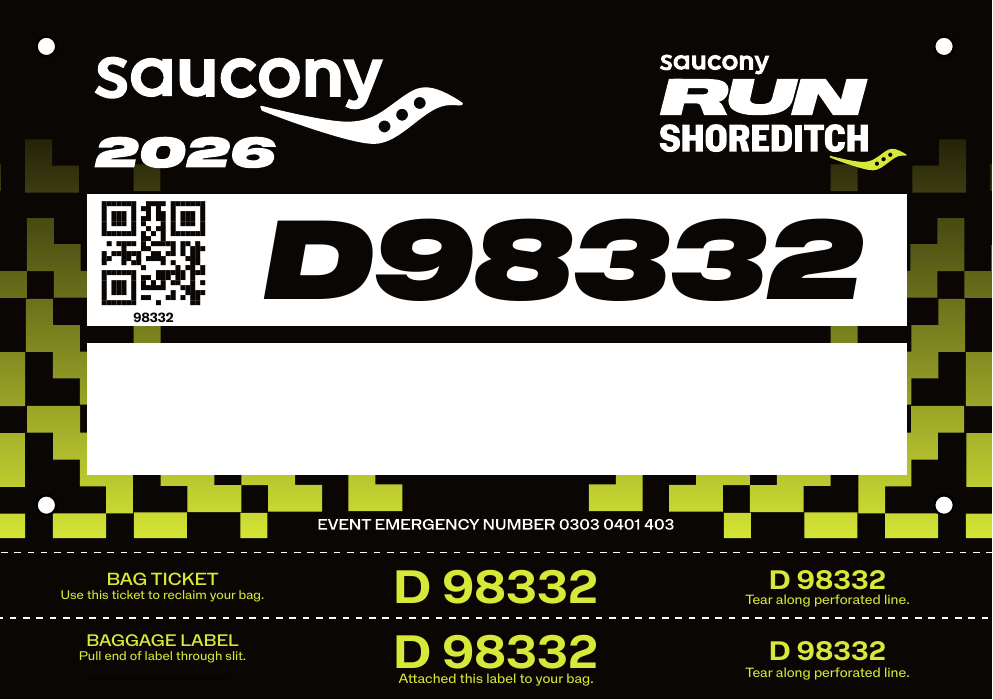Saucony Run Shoreditch Half 2026 race bib — race number, name box, event emergency number and tear-off baggage tags